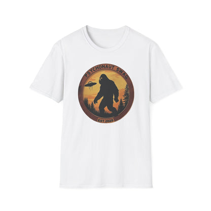 Bigfoot and UFO, Unisex Softstyle T-Shirt, Trendy Graphic Tee, Funny Bigfoot Shirt, Adventure Apparel, Gift for Nature Lovers