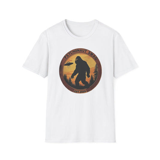 Bigfoot and UFO, Unisex Softstyle T-Shirt, Trendy Graphic Tee, Funny Bigfoot Shirt, Adventure Apparel, Gift for Nature Lovers