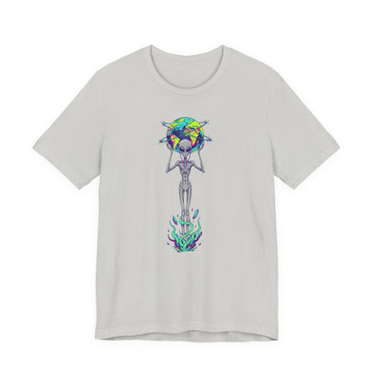 Alien Holding Earth Graphic Tee — Cosmic Sci‑Fi Alien Shirt