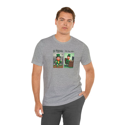 St. Patrick's Day Leprechaun Funny Cartoon T-Shirt — "St. Patrick's Day / The Day After" Tee