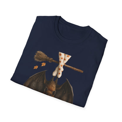 Bat and Bubblegum Unisex Softstyle T-Shirt, Halloween Top, Whimsical Graphic Tee, Cute Gift for Animal Lovers, Fall Vibes