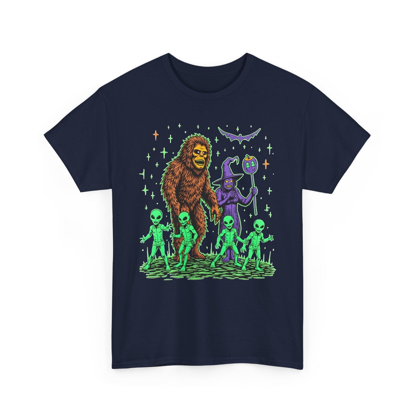 Bigfoot & Aliens Halloween Graphic Tee — Retro Neon Sci‑Fi Cryptid Shirt