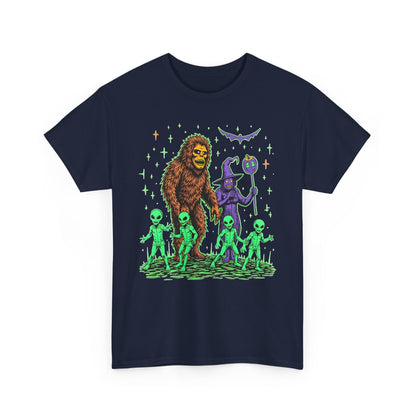 Bigfoot & Aliens Halloween Graphic Tee — Retro Neon Sci‑Fi Cryptid Shirt