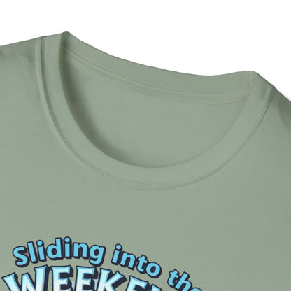 Sliding Penguin, Weekend Vibes T-Shirt, Funny Graphic Tee, Penguin Design Shirt, Casual Apparel, Unisex Softstyle T-Shirt - Psychonaut Swag