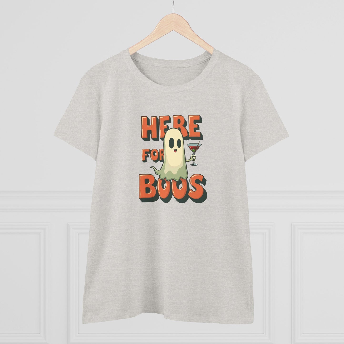 Here for Boos Halloween Ghost Tee — Funny Women’s Halloween T-Shirt with Cocktail Ghost