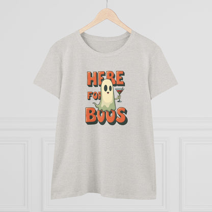 Here for Boos Halloween Ghost Tee — Funny Women’s Halloween T-Shirt with Cocktail Ghost