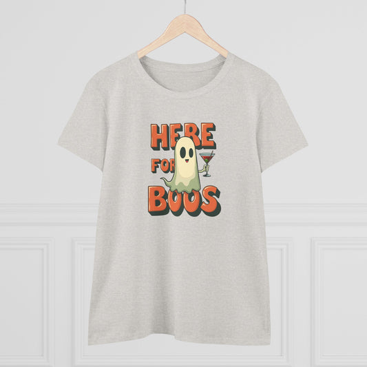 Here for Boos Halloween Ghost Tee — Funny Women’s Halloween T-Shirt with Cocktail Ghost