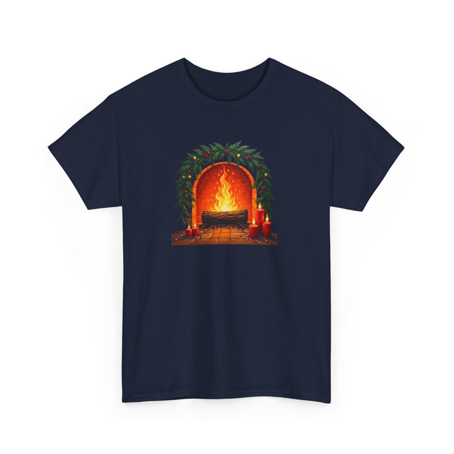 Cozy Holiday Fireplace T-Shirt — Vintage Log Fire Christmas Tee