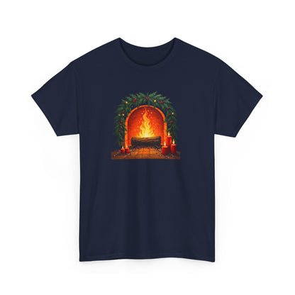Cozy Holiday Fireplace T-Shirt — Vintage Log Fire Christmas Tee