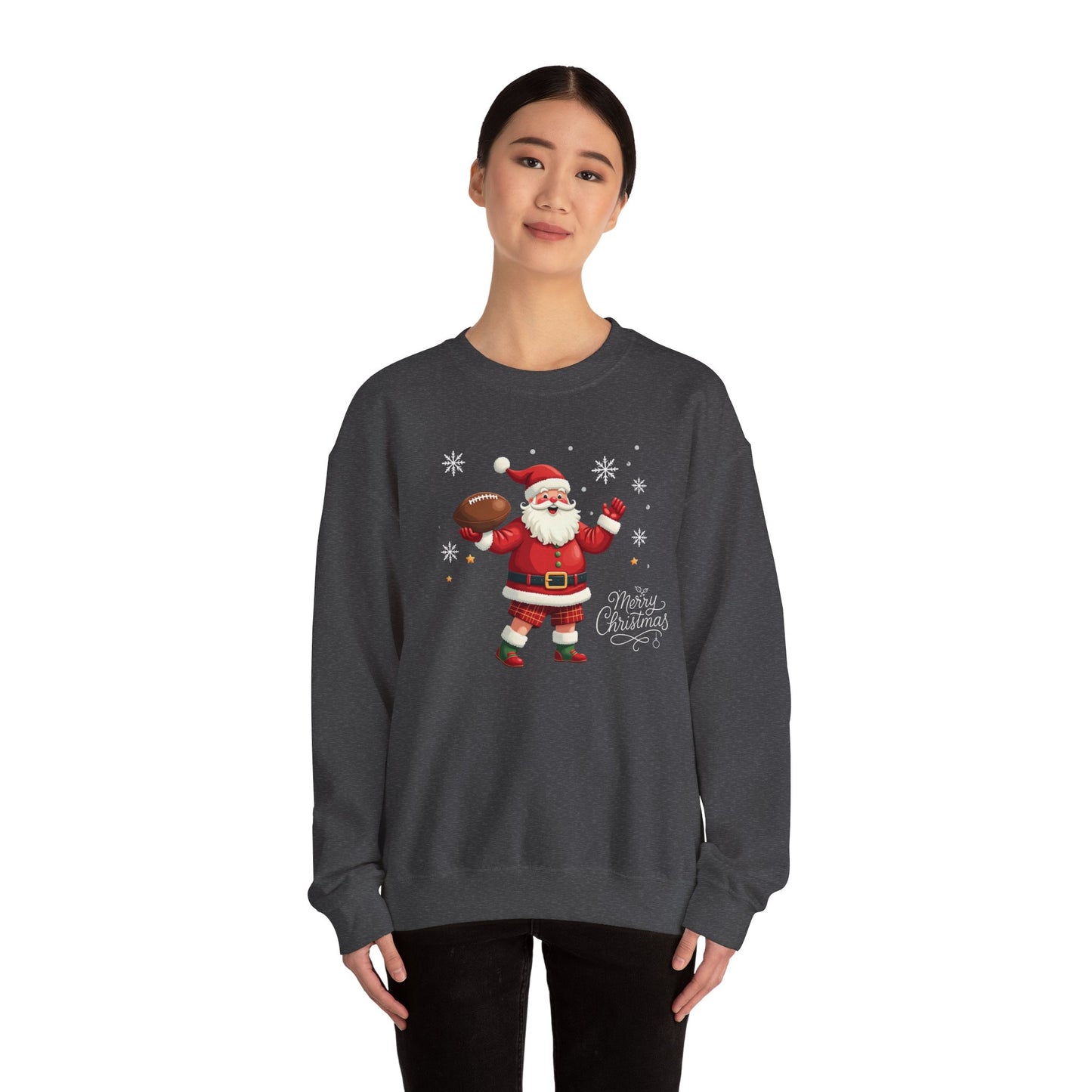 Santa Throwing Football, Christmas Sweatshirt - Jolly Santa with 'Merry Christmas' Graphic