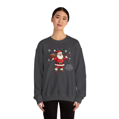 Santa Throwing Football, Christmas Sweatshirt - Jolly Santa with 'Merry Christmas' Graphic