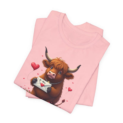 Valentine Highland Cow Tee — Cute Love Letter Bull Shirt