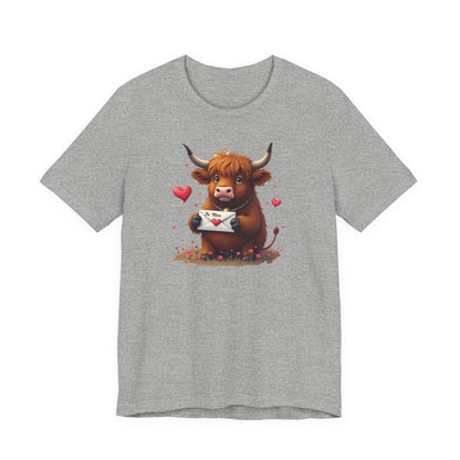 Valentine Highland Cow Tee — Cute Love Letter Bull Shirt