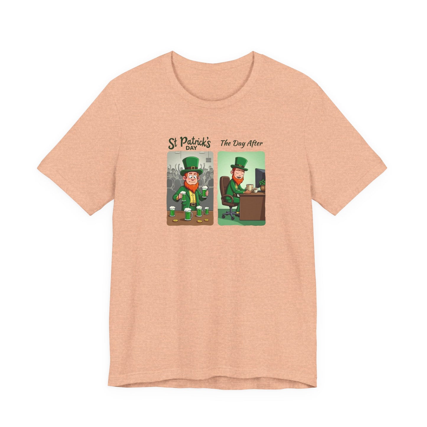 St. Patrick's Day Leprechaun Funny Cartoon T-Shirt — "St. Patrick's Day / The Day After" Tee