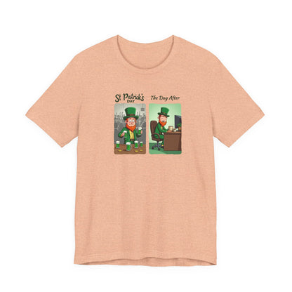 St. Patrick's Day Leprechaun Funny Cartoon T-Shirt — "St. Patrick's Day / The Day After" Tee