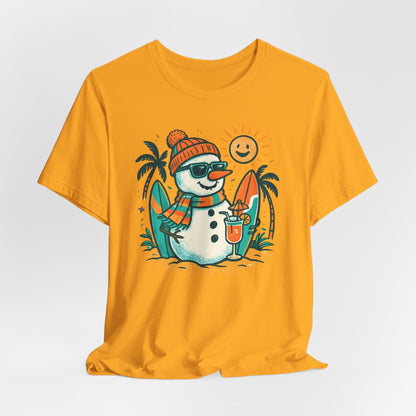 Frosty on Vacation Graphic Tee — Surfing Snowman with Drink Summer Holiday T-Shirt