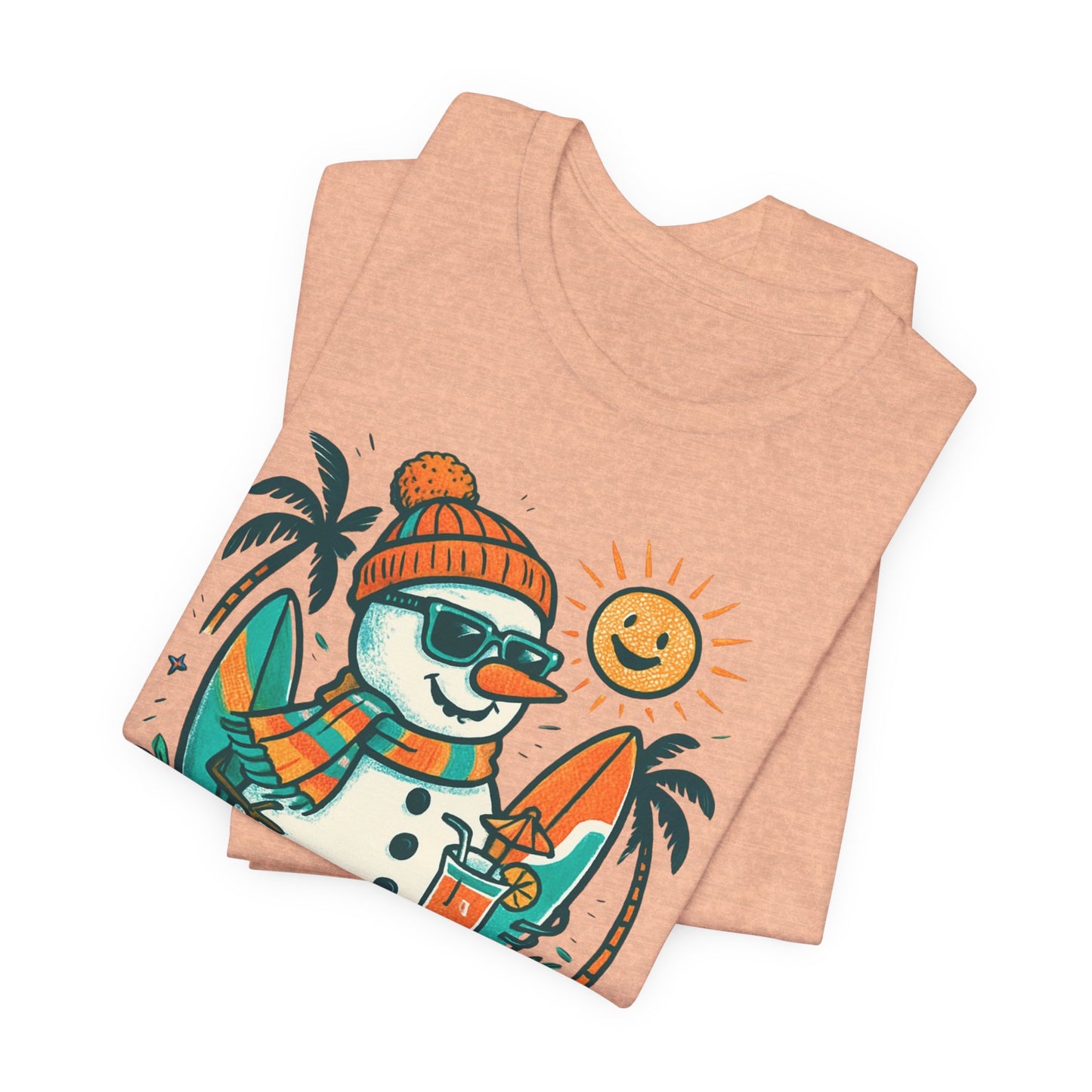 Frosty on Vacation Graphic Tee — Surfing Snowman with Drink Summer Holiday T-Shirt