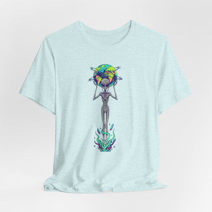 Alien Holding Earth Graphic Tee — Cosmic Sci‑Fi Alien Shirt