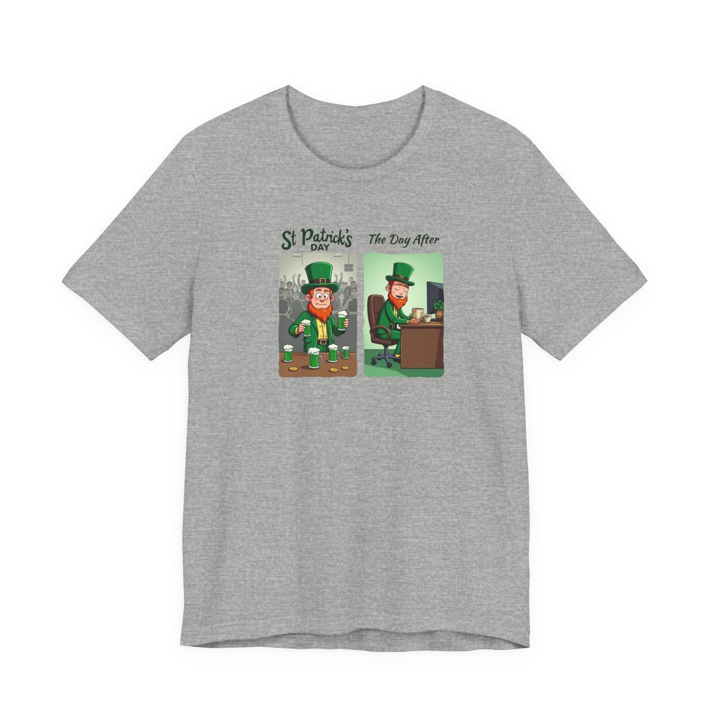 St. Patrick's Day Leprechaun Funny Cartoon T-Shirt — "St. Patrick's Day / The Day After" Tee