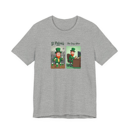 St. Patrick's Day Leprechaun Funny Cartoon T-Shirt — "St. Patrick's Day / The Day After" Tee