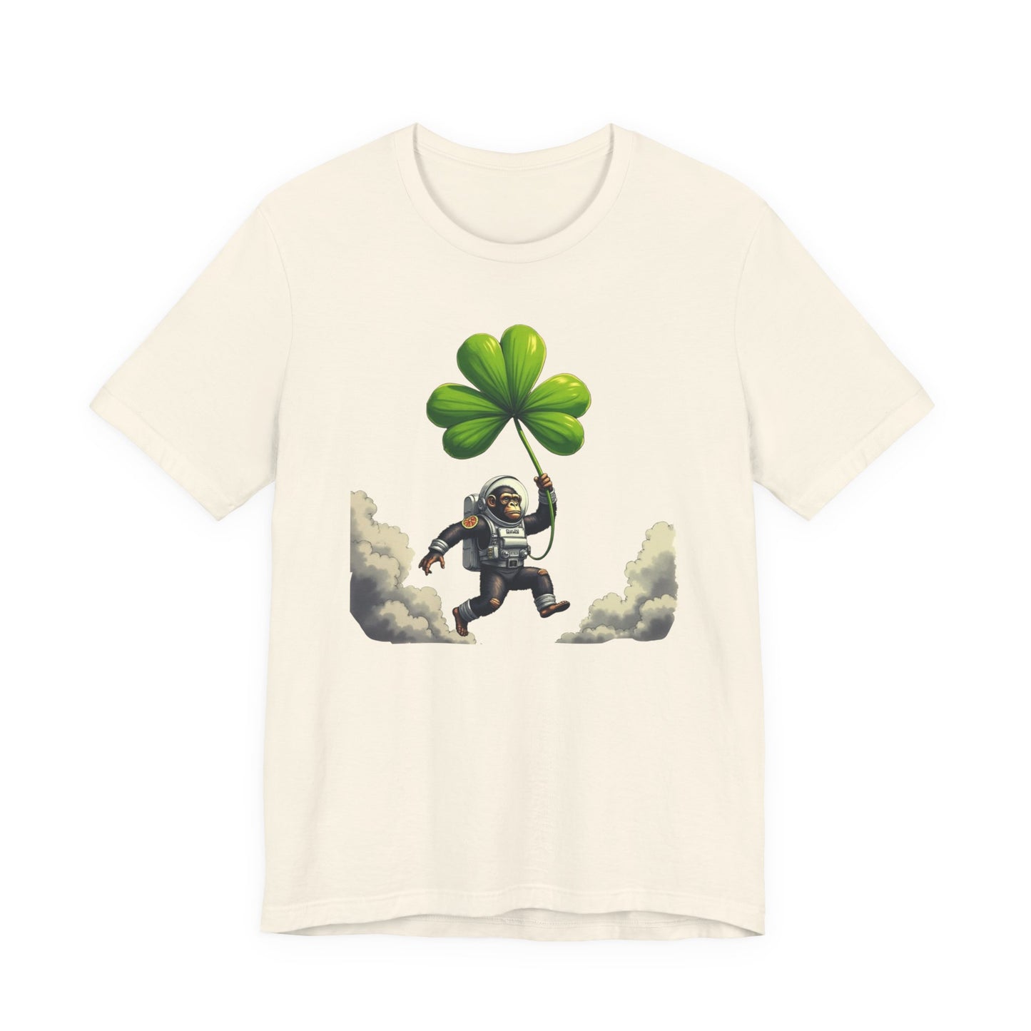 Astronaut Chimp T-Shirt — Floating in Clouds with Shamrock