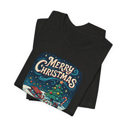 Merry Christmas Tee — Vintage Holiday Tree & Sled Graphic T-Shirt