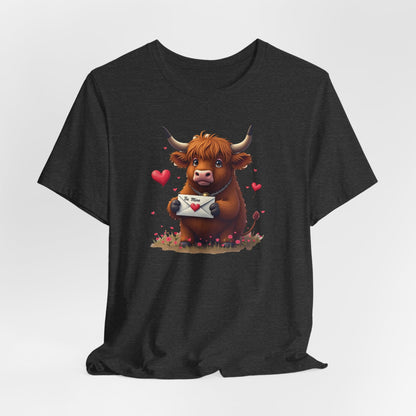 Valentine Highland Cow Tee — Cute Love Letter Bull Shirt