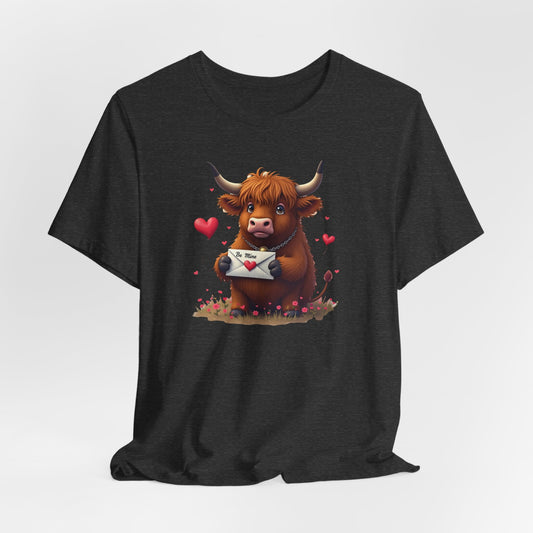 Valentine Highland Cow Tee — Cute Love Letter Bull Shirt