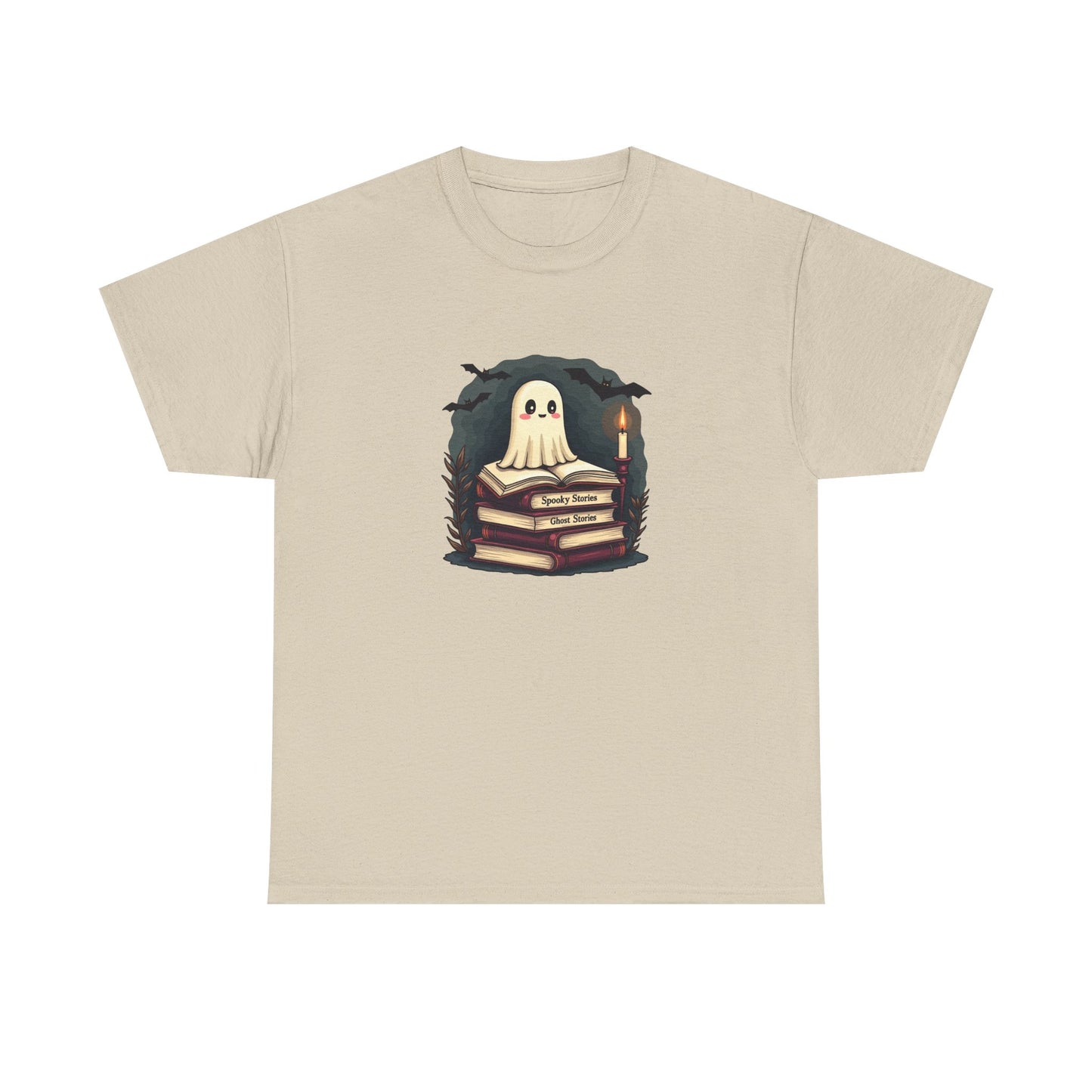 Ghost Reader T-Shirt — Cute Ghost on Stacked Books Halloween Tee