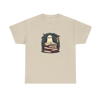 Ghost Reader T-Shirt — Cute Ghost on Stacked Books Halloween Tee