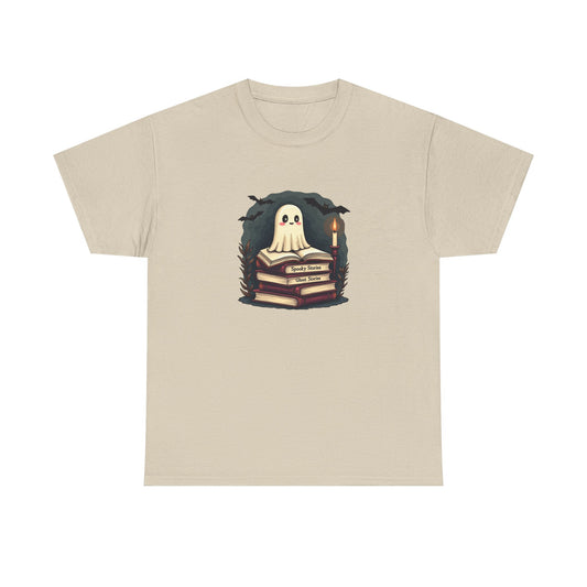 Ghost Reader T-Shirt — Cute Ghost on Stacked Books Halloween Tee