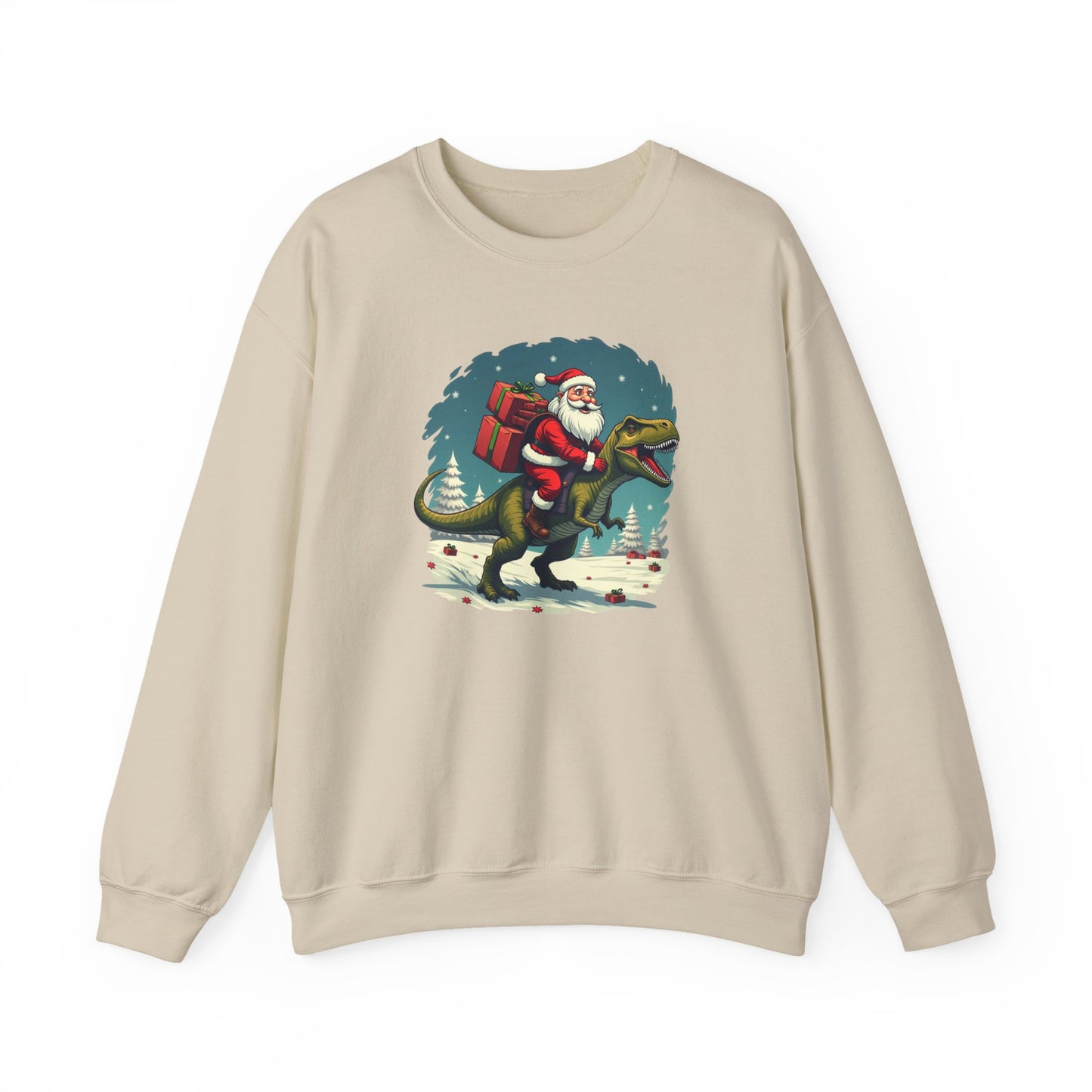 Santa Dashing through on a Dinosaur Sweatshirt — Santa Riding T-Rex Holiday Crewneck