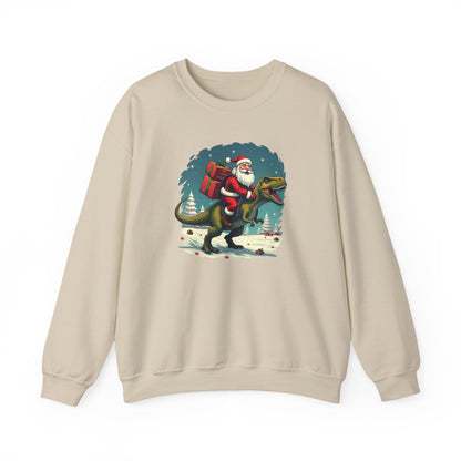 Santa Dashing through on a Dinosaur Sweatshirt — Santa Riding T-Rex Holiday Crewneck