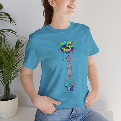 Alien Holding Earth Graphic Tee — Cosmic Sci‑Fi Alien Shirt