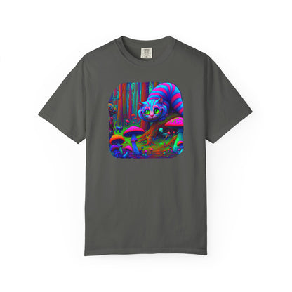 Curious Cat with mushrooms, Unisex Garment-Dyed T-shirt - Psychonaut Swag