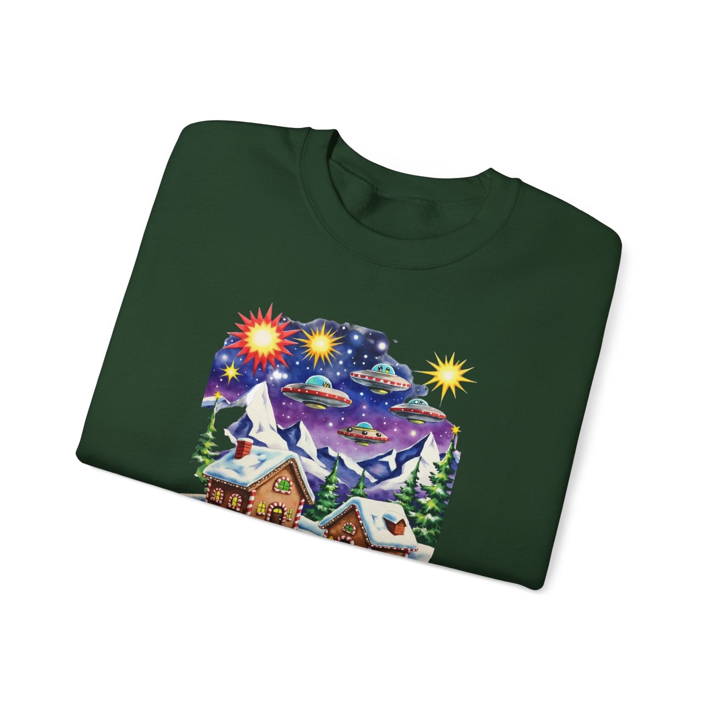 Crewneck Sweatshirt — Cozy Winter Cabin with UFO Nightscape