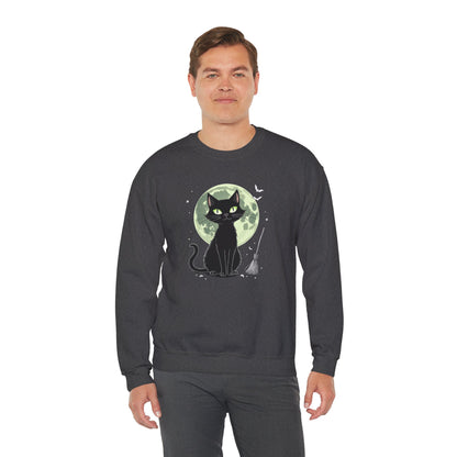Black Cat Moon Crewneck Sweatshirt — Cute Witchy Cat Graphic