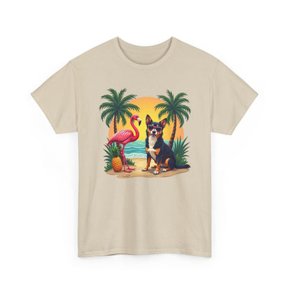 Dog Beach Sunset T-Shirt — Tropical Flamingo Palm Tee
