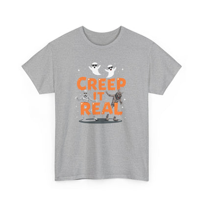 Creep It Real Unisex Heavy Cotton Tee, Halloween Shirt, Fall Apparel, Spooky Season, Ghost Theme, Unisex Casual Wear