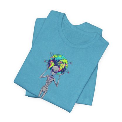 Alien Holding Earth Graphic Tee — Cosmic Sci‑Fi Alien Shirt