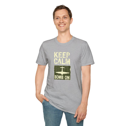 Keep Calm and Bomb On Unisex Softstyle T-Shirt, Casual Wear, Gift for Veterans, Military Humor, Comfortable Tees
