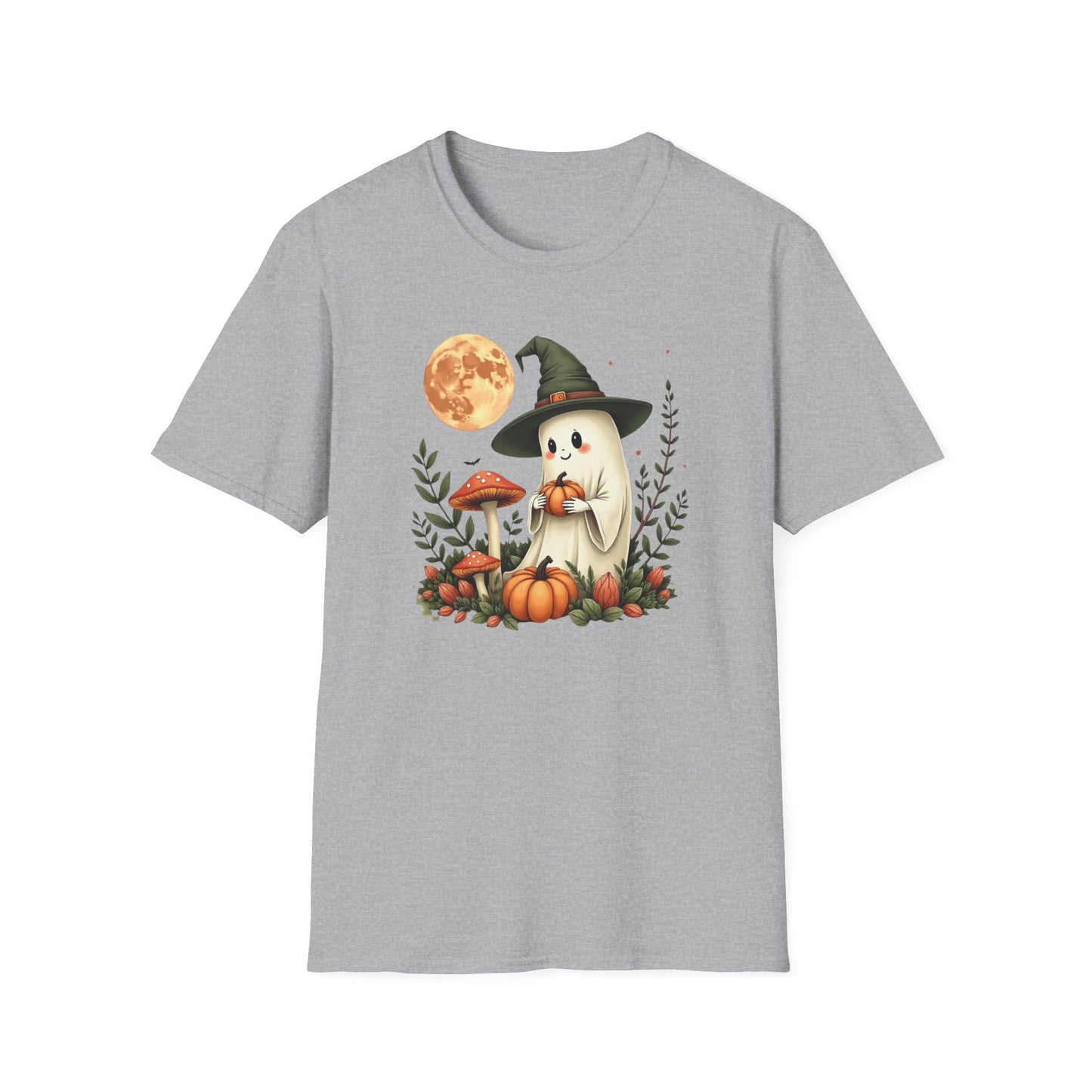 Ghost Witch T‑Shirt — Cute Halloween Moon, Pumpkin & Mushroom Design