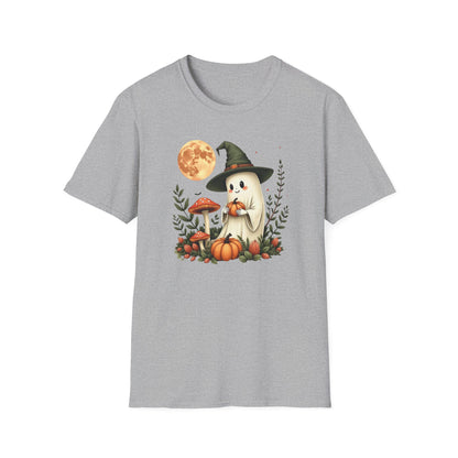 Ghost Witch T‑Shirt — Cute Halloween Moon, Pumpkin & Mushroom Design