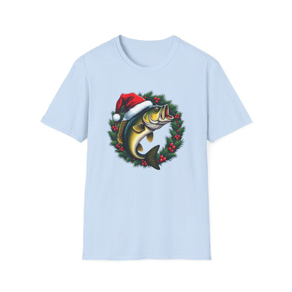 Christmas Wreath Bass Fishing T-Shirt — Santa Hat Fish Holiday Tee
