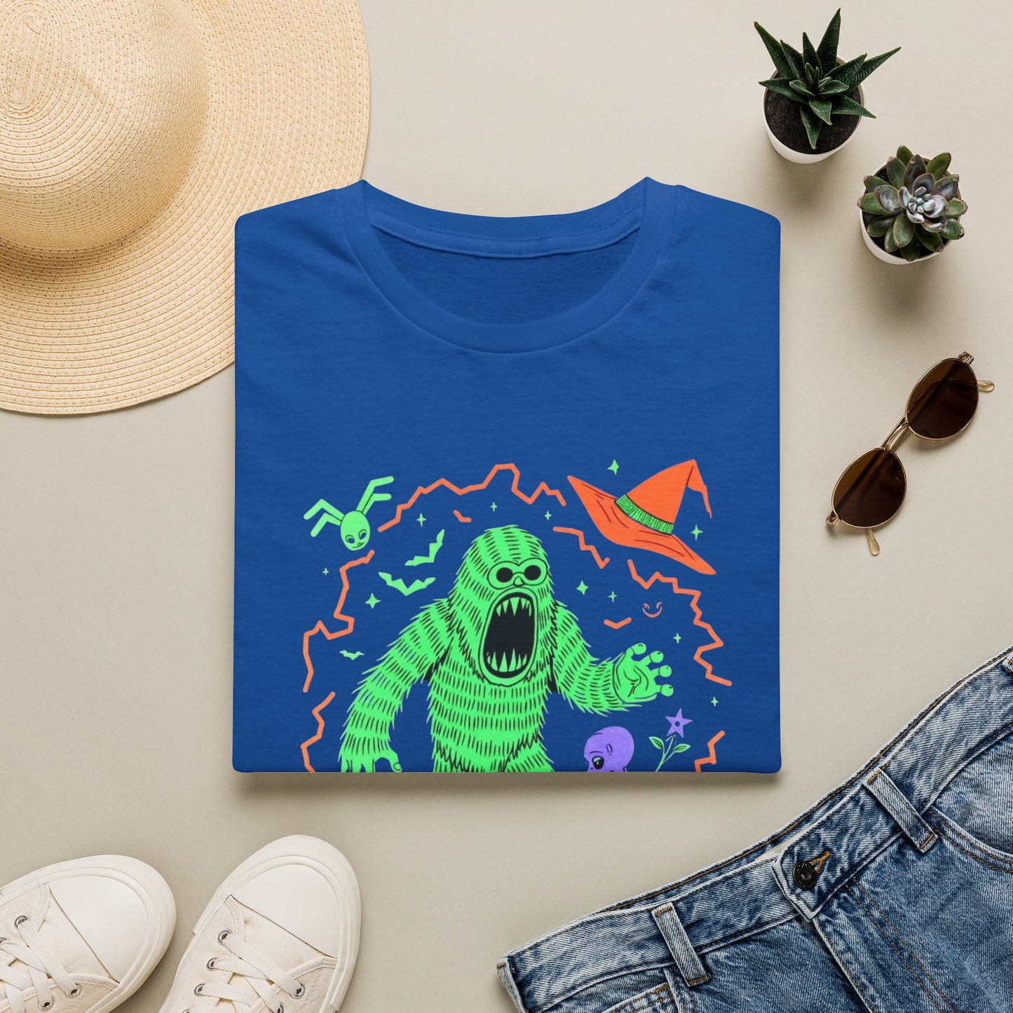 Sasquatch gets angry when out of candy Halloween T‑Shirt — Neon Green Creature Trick‑Or‑Treat Tee