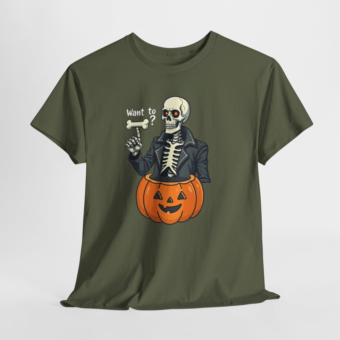Halloween Skeleton Tee — 'Want to?' Pumpkin Jack-O'-Lantern Graphic Shirt