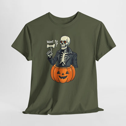 Halloween Skeleton Tee — 'Want to?' Pumpkin Jack-O'-Lantern Graphic Shirt