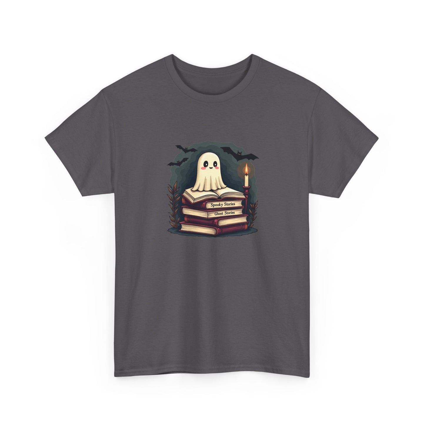 Ghost Reader T-Shirt — Cute Ghost on Stacked Books Halloween Tee