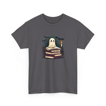 Ghost Reader T-Shirt — Cute Ghost on Stacked Books Halloween Tee