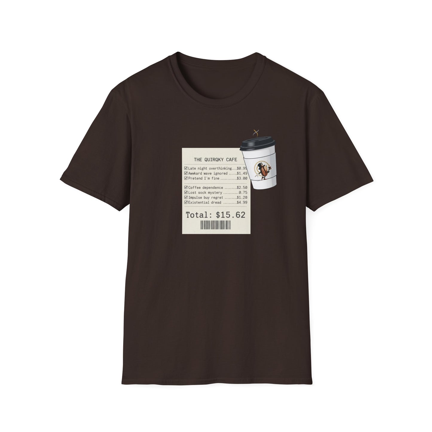 Coffee Receipt T-Shirt — 'The Quirky Cafe' Funny Coffee Order Receipt Tee